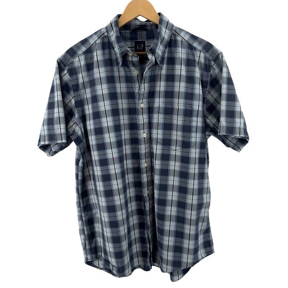 Gap Blue White Plaid Check Button Up Short Sleeve Shirt Mens Medium Regular Fit - Picture 2 of 8